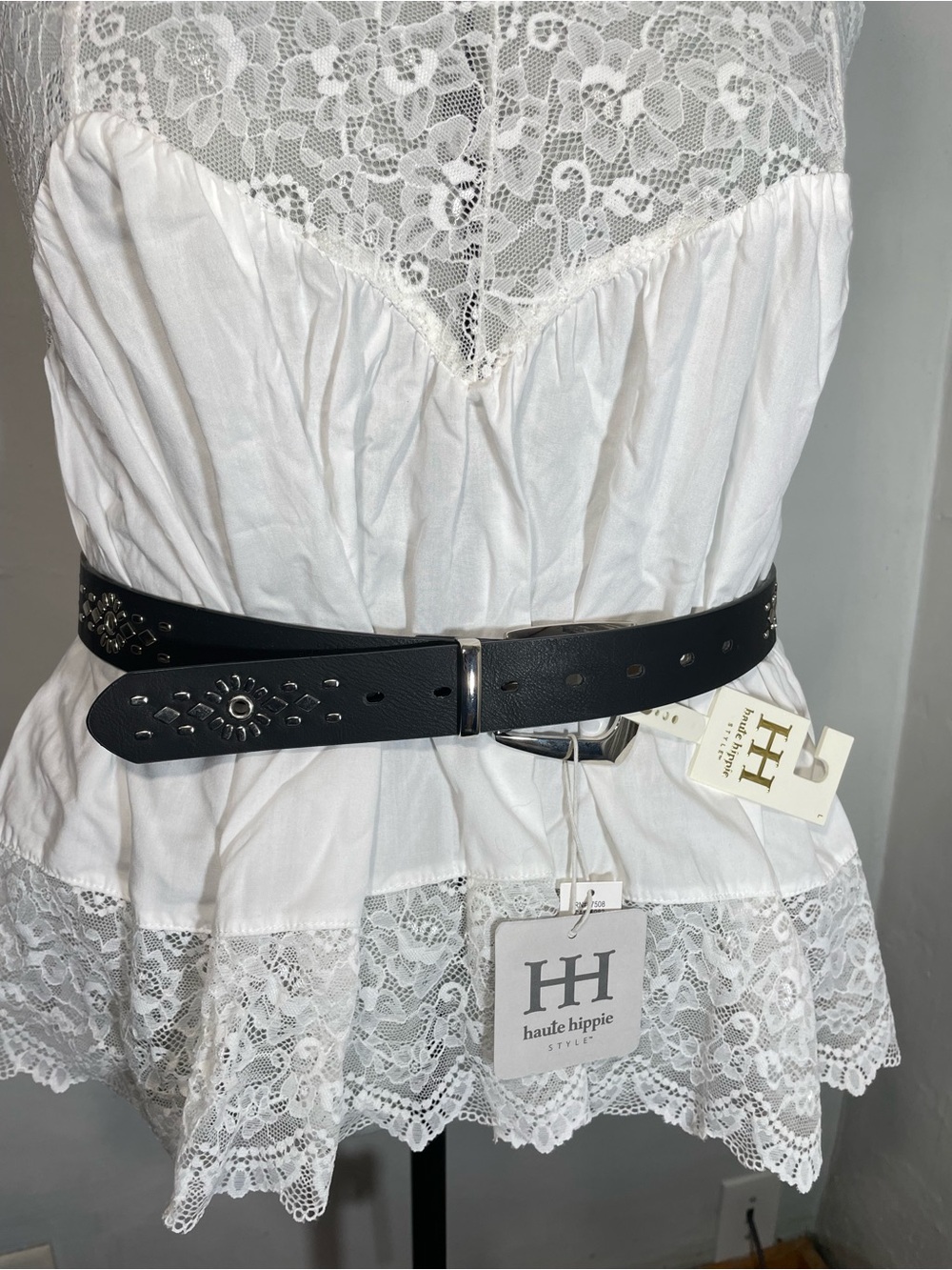 Haute Hippie Black Faux Leather Studded Belt with Silver Buckle Sz. L - Picture 3 of 12